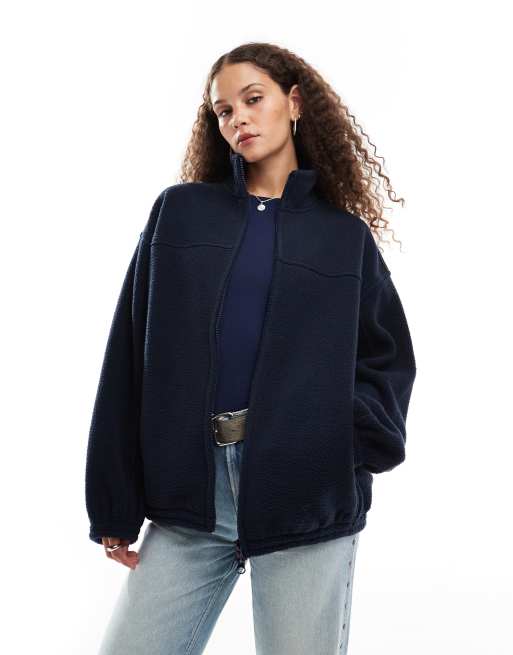 Weekday Lea oversized zip through borg sweat in navy