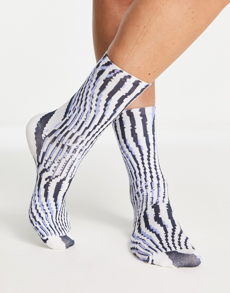 Weekday Lea swirl print sock in off white and blue-Multi