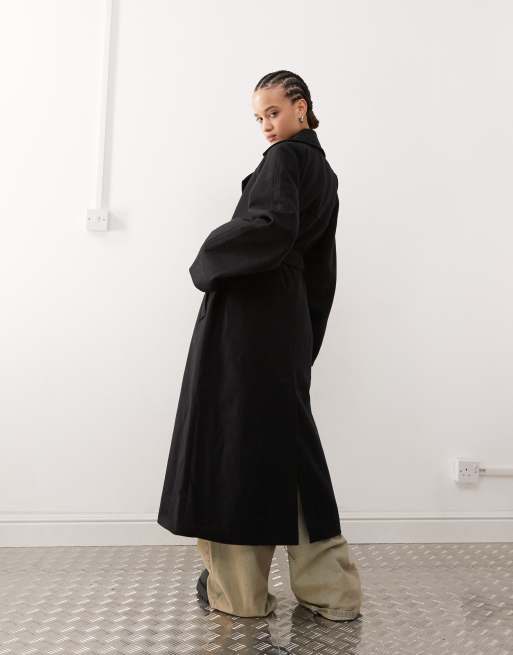 Weekday - Lead - Cappotto oversize in misto lana grigio scuro mélange con bottone doppio e allacciato in vita, 3 di 4
