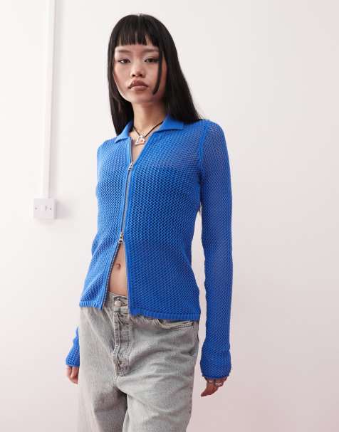 Weekday Lene open knit zip through cardigan in blue - view 1