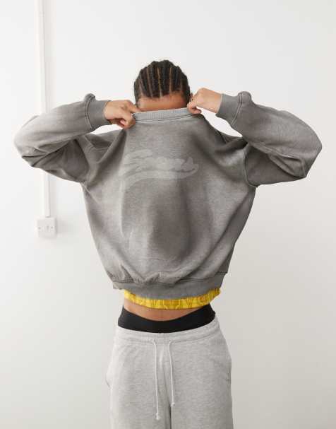 Weekday - Liam - Felpa oversize grigio lavaggio spray con stampa grafica sfumata e cuciture sfrangiate - view 1