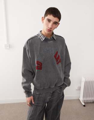 Liam oversized sweatshirt with embroidered text graphic in washed black