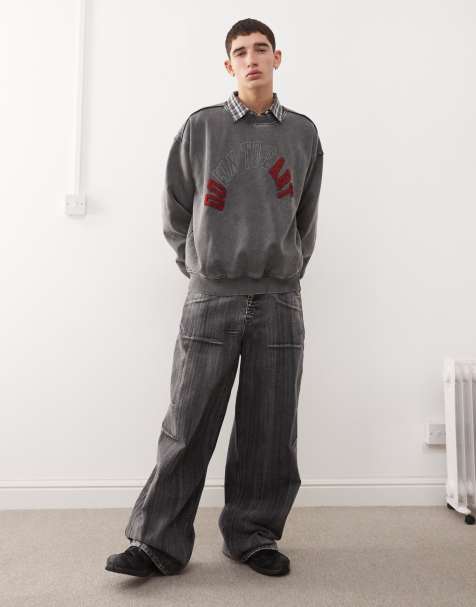 Weekday Liam oversized sweatshirt with embroidered text graphic in washed black - view 1