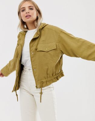 Weekday lightweight hooded bomber jacket with drawstring in olive green ...