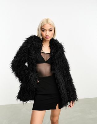 Weekday Lilith Waisted Faux Fur Coat In Black