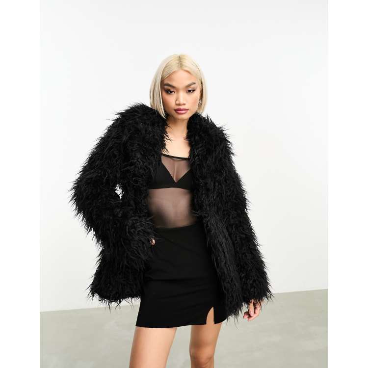 Weekday Lilith Waisted faux fur coat in black ASOS