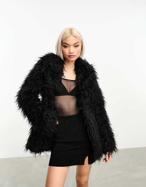 Weekday Lilith Waisted faux fur coat in black