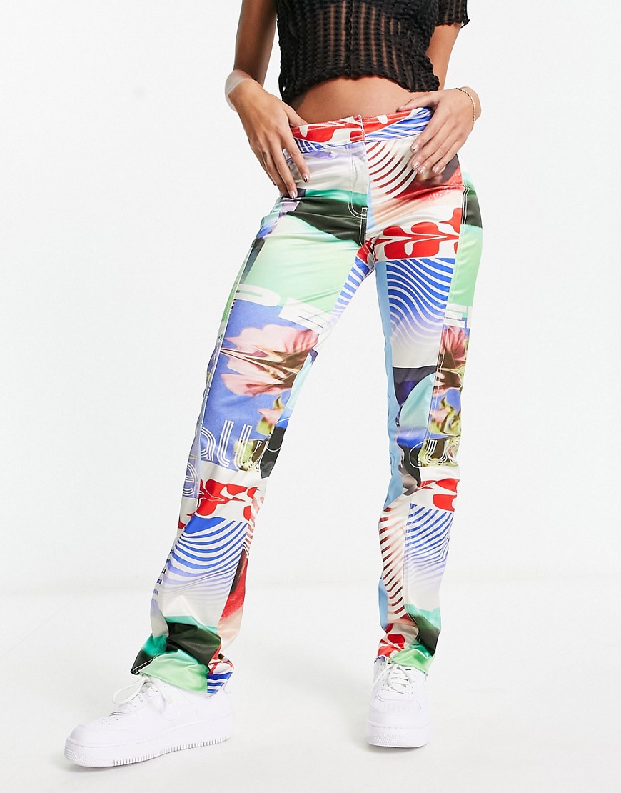Weekday Lily co-rd printed satin trousers in motocross multicoloured print-Black