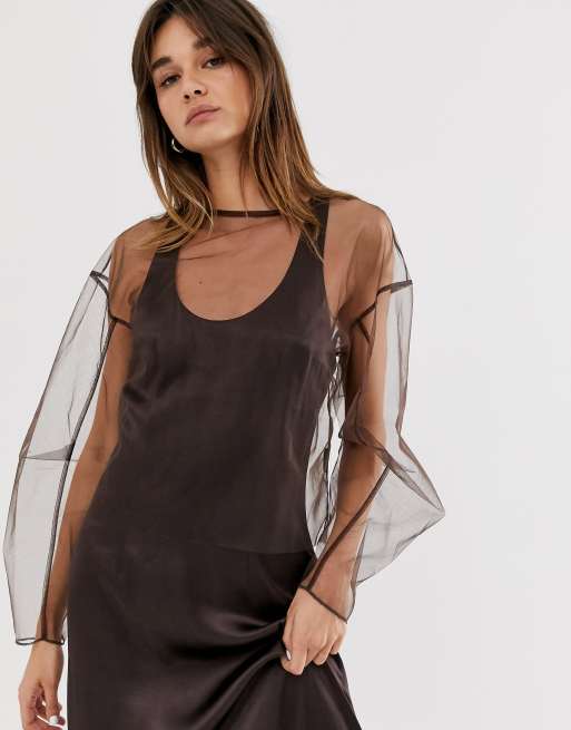 Weekday limited edition long sleeve top with mesh in dark brown | ASOS