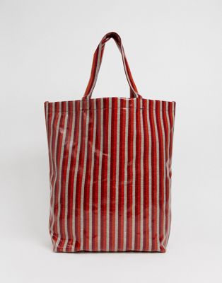 Weekday - Limited Edition - Randig shoppingbag i vinyl-Röd