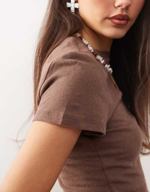 Weekday linen blend fitted t-shirt in brown exclusive to ASOS, 3 of 4