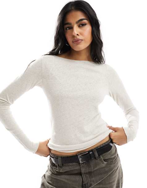 Weekday linen blend long sleeve top in beige - view 1