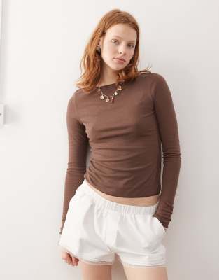 weekday linen blend long sleeve top in black - exclusive to asos