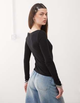 Weekday Linen Blend Long Sleeve Top In Black