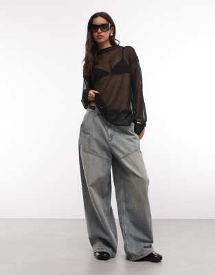 Weekday linen blend oversized sheer mock neck sweater in black
