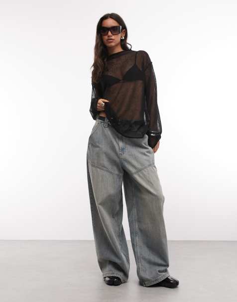 Weekday linen blend oversized sheer mock neck sweater in black - view 1