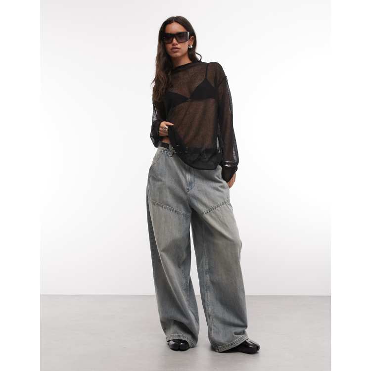 Weekday linen blend oversized sheer mock neck sweater in black | ASOS