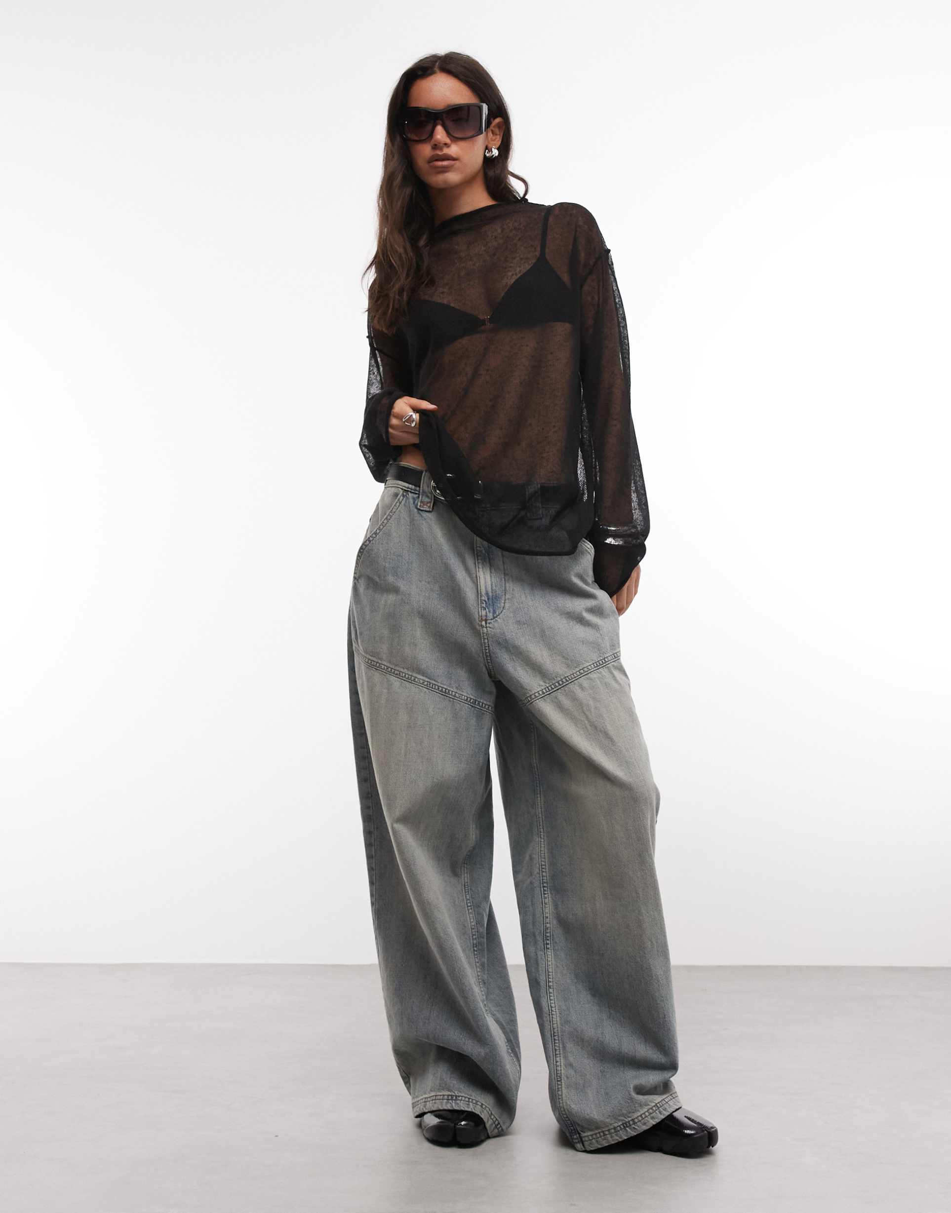 weekday linen blend oversized sheer mock neck sweater in black