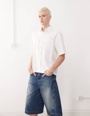 Shop Weekday Linen Mix Oversized Boxy Fit Short Sleeve Shirt In White