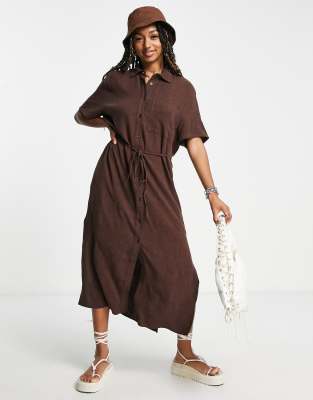 Weekday Linen Mix Shirt Dress In Dark Brown | ModeSens