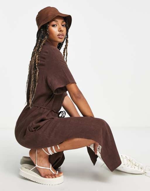 Weekday linen mix shirt dress in dark brown | ASOS