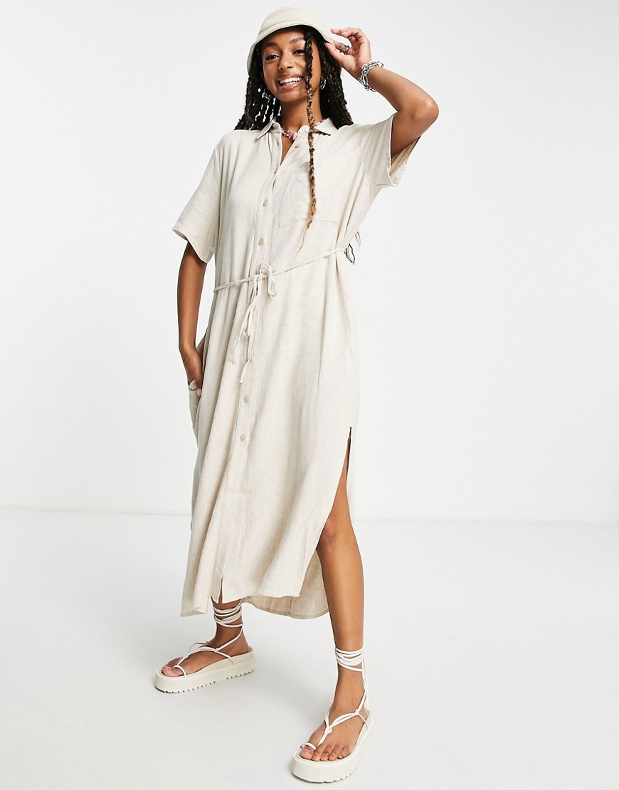 Weekday linen mix shirt dress in off white