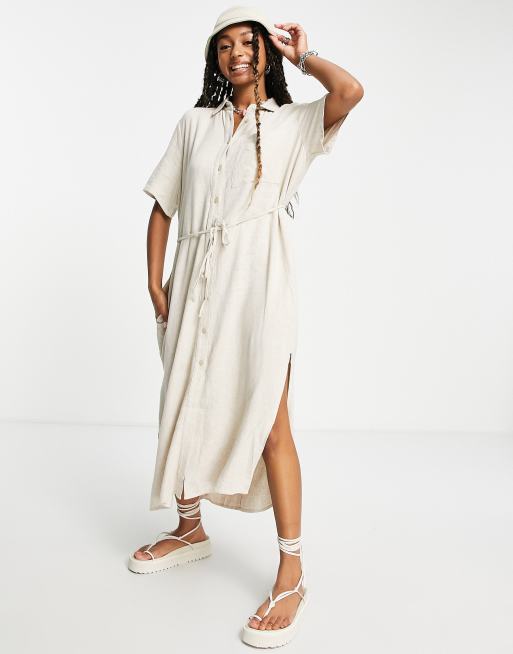 Weekday linen mix shirt dress in off white | ASOS