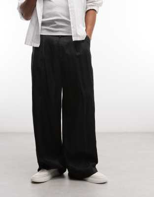 Weekday Linen Mix Wide Leg Tailored Pants With Front Pleats In Black