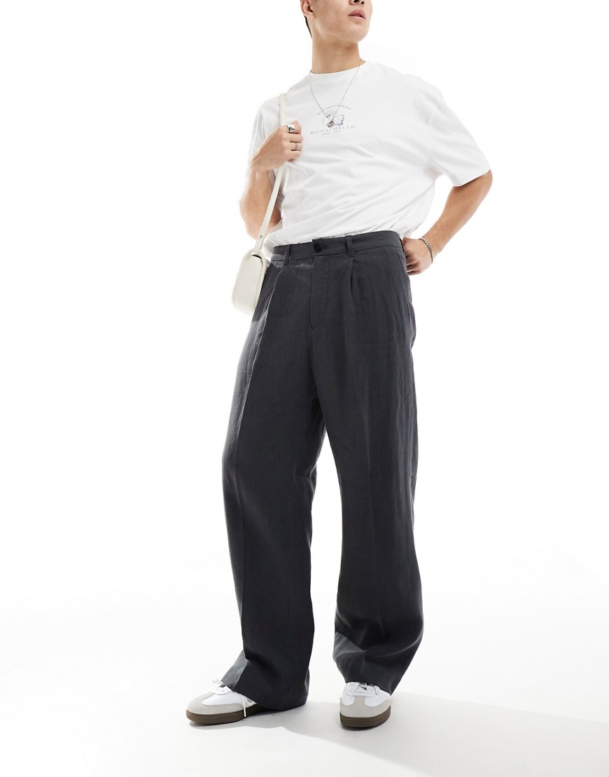 Weekday linen relaxed fit tailored trousers in washed black