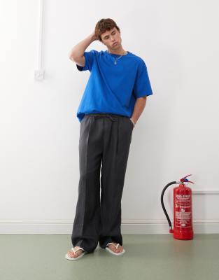 Weekday Weekday linen slouchy fit trousers with front pleat detail in grey