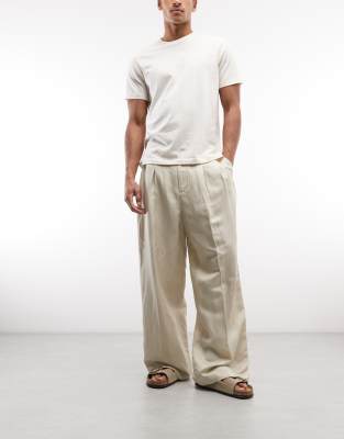 Weekday Linen Wide Leg Tailored Pants With Front Pleats In Neutral