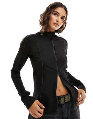 Weekday Lionella Long Sleeve Zip Up Top With Piping Detail In Black