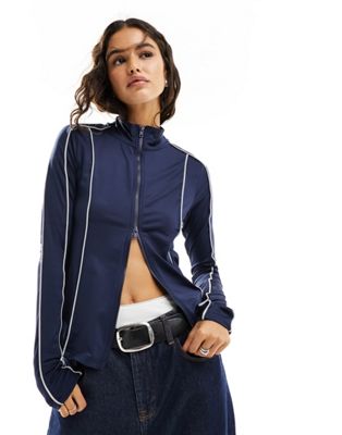 Weekday Lionella long sleeve zip up top with piping detail in navy - ASOS Price Checker
