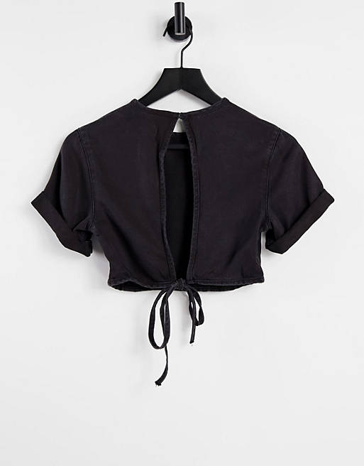 Weekday Little co-ord denim tie detail top in washed black