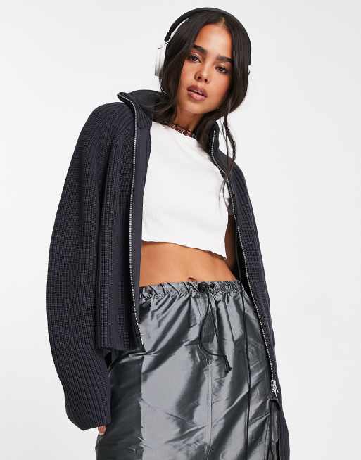 Weekday Live knitted zip front cardigan in charcoal