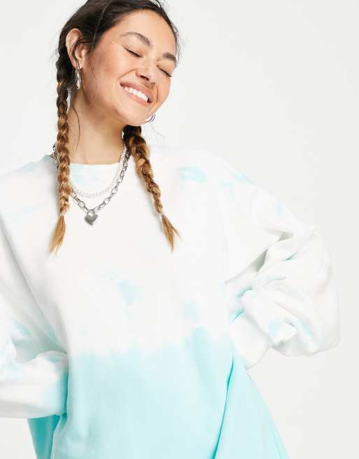 Weekday – Liza – Blå batikmönstrad sweatshirtklänning i midilängd, 3 av 4