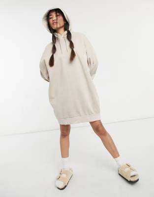 Weekday Lizette organic blend cotton mini hoodie dress in beige-Neutral