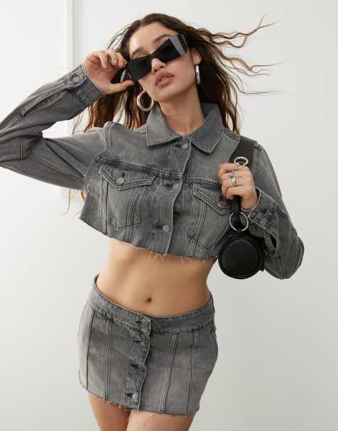 Weekday Lo co-ord deconstructed cropped denim jacket in heavy black wash - view 1