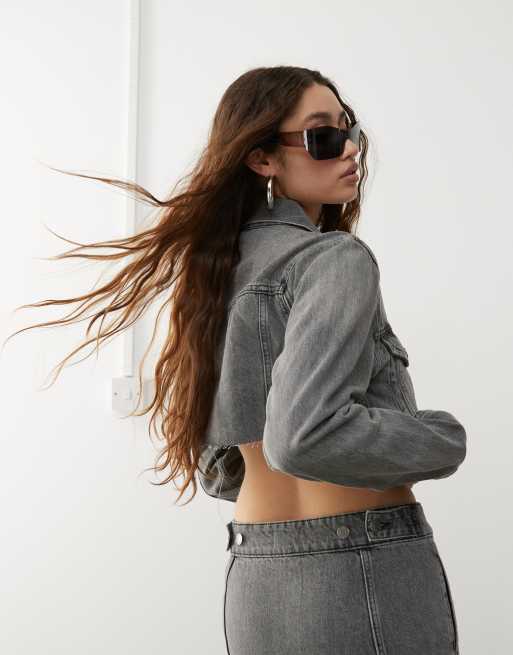 Weekday Lo deconstructed cropped denim jacket in heavy black wash (part of a set), 3 of 4