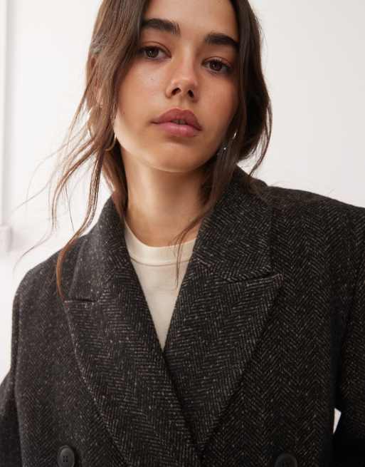 Weekday – Logan – Brązowoszary melanżowy płaszcz oversize z mieszanki wełny w jodełkę, 2 z 4