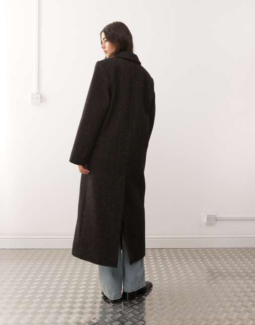 Weekday – Logan – Brązowoszary melanżowy płaszcz oversize z mieszanki wełny w jodełkę, 3 z 4