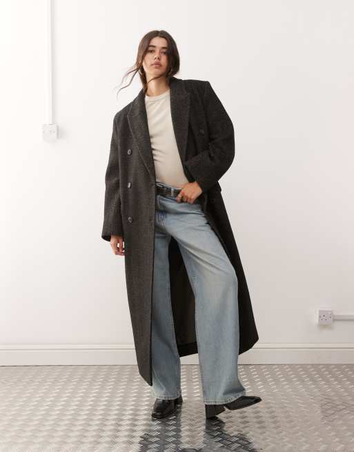 Weekday – Logan – Brązowoszary melanżowy płaszcz oversize z mieszanki wełny w jodełkę, 4 z 4