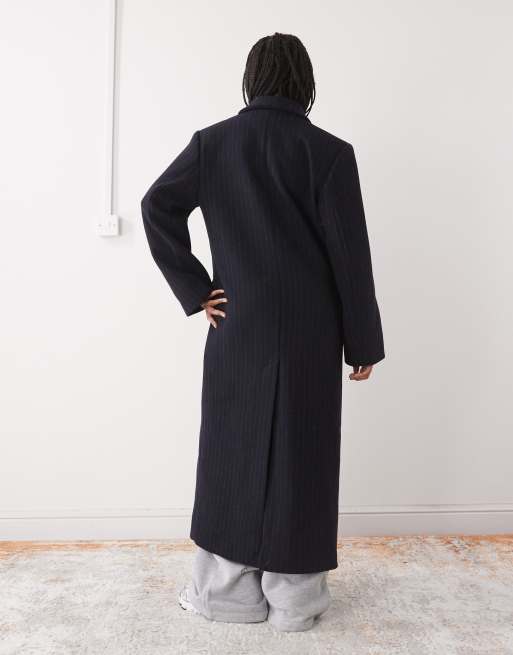 Weekday - Logan - Cappotto doppiopetto oversize blu navy scuro gessato misto lana, 3 di 4