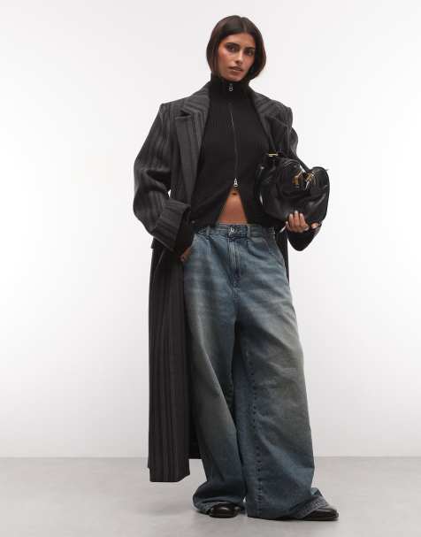 Weekday Logan cappotto oversize doppiopetto in misto lana a righe grigio mélange - view 1