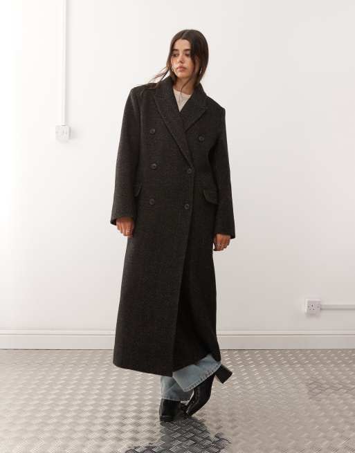Weekday – Logan – Knielanger Oversize-Mantel aus Wollmix in Maulwurfbraun mit Fischgrätmuster