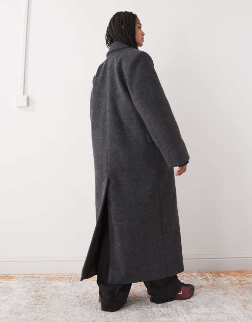 Weekday - Logan - Meleret mørkegrå oversized dobbeltradet frakke i langhåret uldlook, 3 af 4