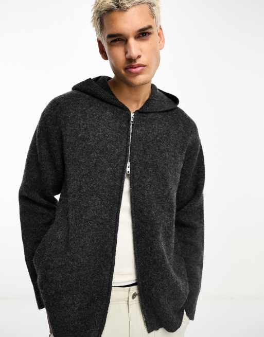 Weekday Logan oversized zip through cardigan with hood in dark