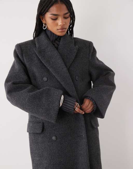 Weekday Logan wool blend hairy oversized double breasted coat in dark gray melange