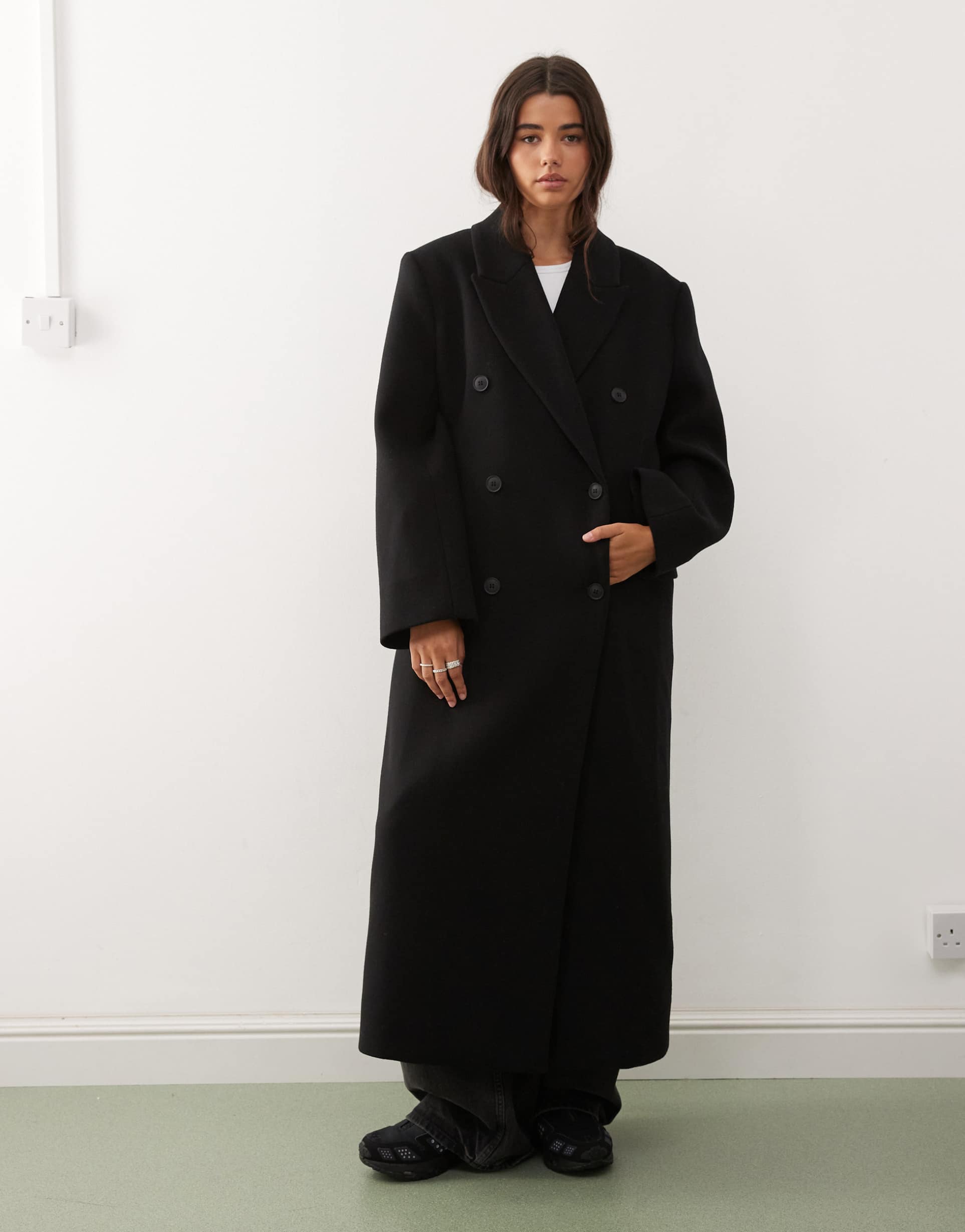 weekday logan wool blend oversized double breasted coat in black