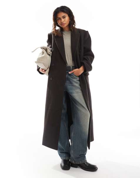 Weekday Logan wool blend oversized double breasted coat in brown herringbone - view 1